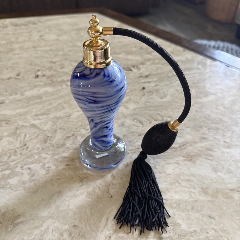 Vintage Blue Art Glass Perfume Atomizer Spray Bottle‎ Murano Style Hand Blown